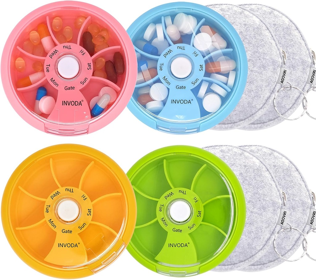 Pillen Organisator Kleine pillen geval 7 Dag Portable Travel Pill Box Schattige dagelijkse pil Container voor Medicine Visolie Supplementen Vitamine geval (4PCS + Bag 4PCS)