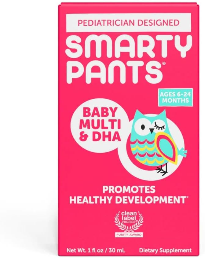 SmartyPants Baby Multi&DHA Supplement:Liquid Multivitamine met vitamine D3, C,Vitamine B6,Biotine,Choline & Luteïne, voor zuigelingen 6-24 maanden,Glutenvrij,Natuurlijk fruit smaak,30 Servers(Verpakking mei Vary)