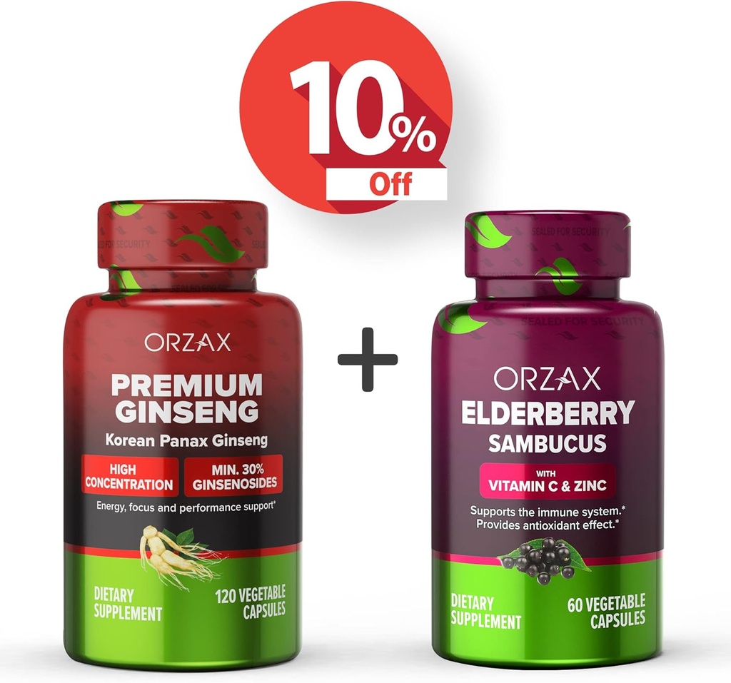 ORZAX Ginseng, 30% Ginsenosiden, Premium 120 plantaardige capsules en vlierbessencapsules, 2000mg 60 plantaardige capsules, bundel