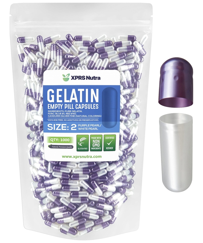 XPRS Nutra Maat 2 Lege capsules - 1000 Telle Lege Gelatine Capsules - Pillen DIY Capsule Vulling - Pure Bovine Pill Gel Caps for Do-It-Yourself Supplements (Parel Paars/Wit)