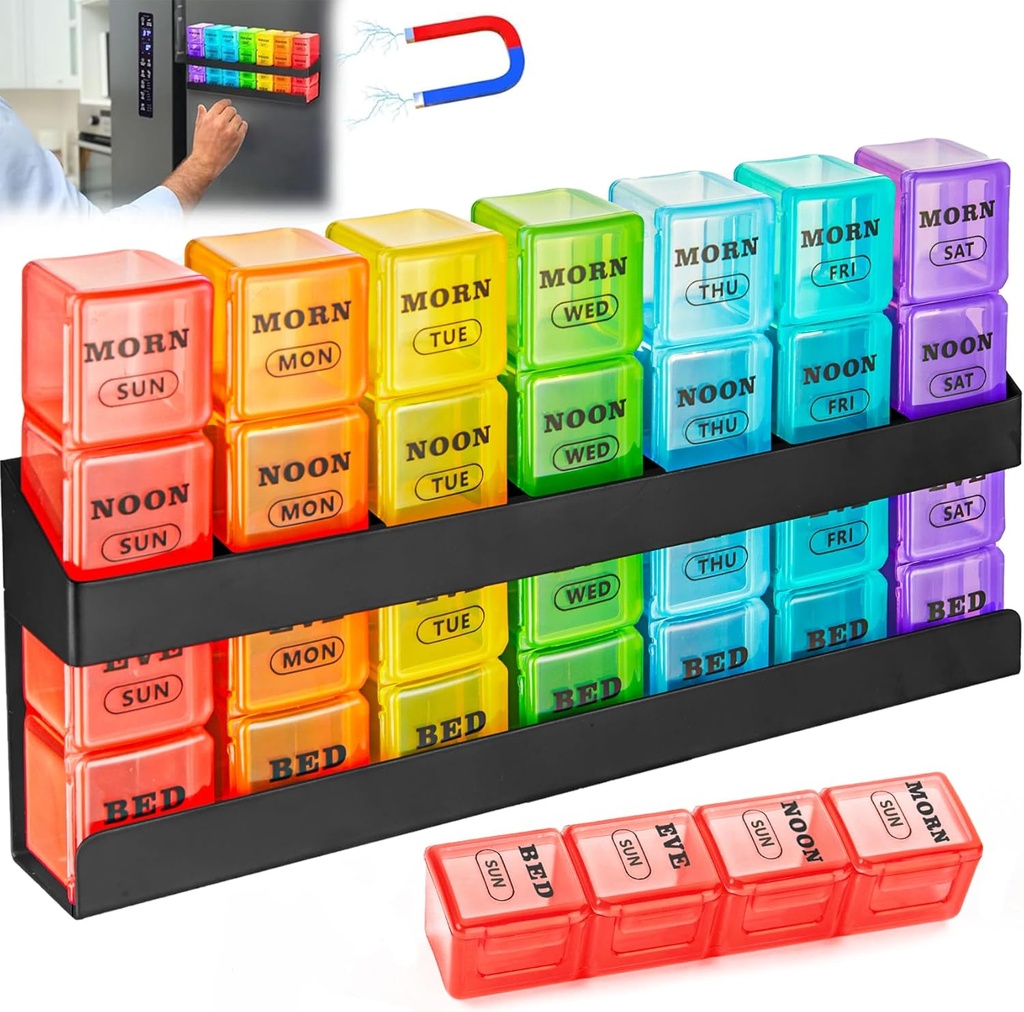 Pillen Organisator 4-Tijd per dag: Weekly pil Box 7 Dag met Magnetische Plank - Grote Compartiments Pillen Case - Verwijderbare Medicatie Organisator Dispenser voor Visolie Vitaminehouder Supplement (Rainbow)