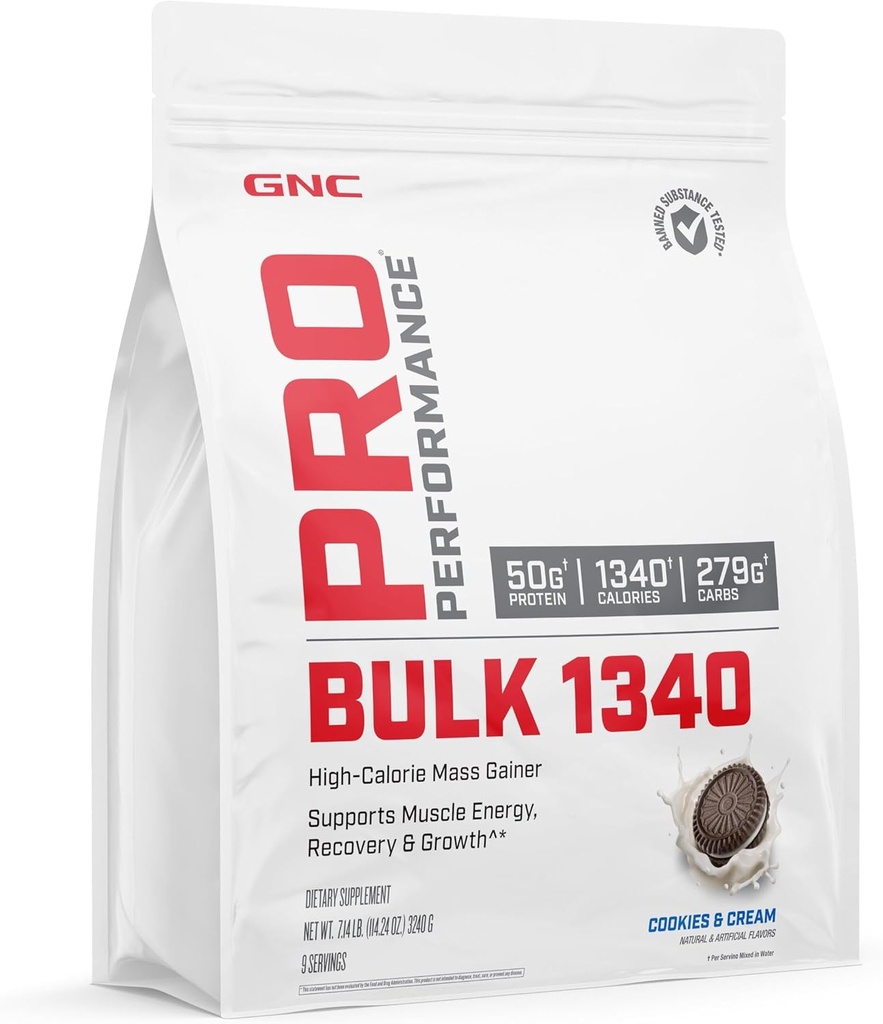 GNC Pro Performance Bulk 1340 Mass Gainer Protein Powder, 50g, Glutenvrij, Wei, Creatine, BCAA, 3rd Party Tested, Muscle Recovery & Growth, Micronutriënten, Cookies en Cream, 9 porties