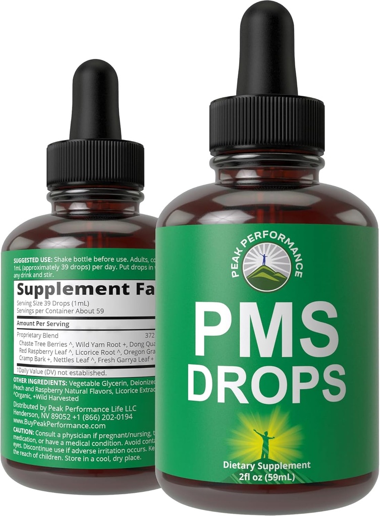 PMS Relief 9-in-1 Liquid Drops Supplement. 9 Kruiden ingrediënten voor ondersteuning periode Krampen pijn voor vrouwen. Vegan, Zero Sugar Vitamins met Organic Chaste Tree Bessen, Kramp Bark, Yam Root, Nettle Leaf