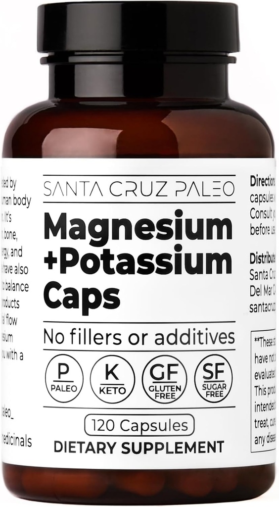 Santa Cruz Paleo Magnesium Kalium Capsules,120 Capsules, Magnesium Glycinate en Kalium citraat, Glutenvrij, Keto, Suikervrij, Paleo, Voor algemene gezondheid, hersenen, spieren, botten en energie ondersteuning.