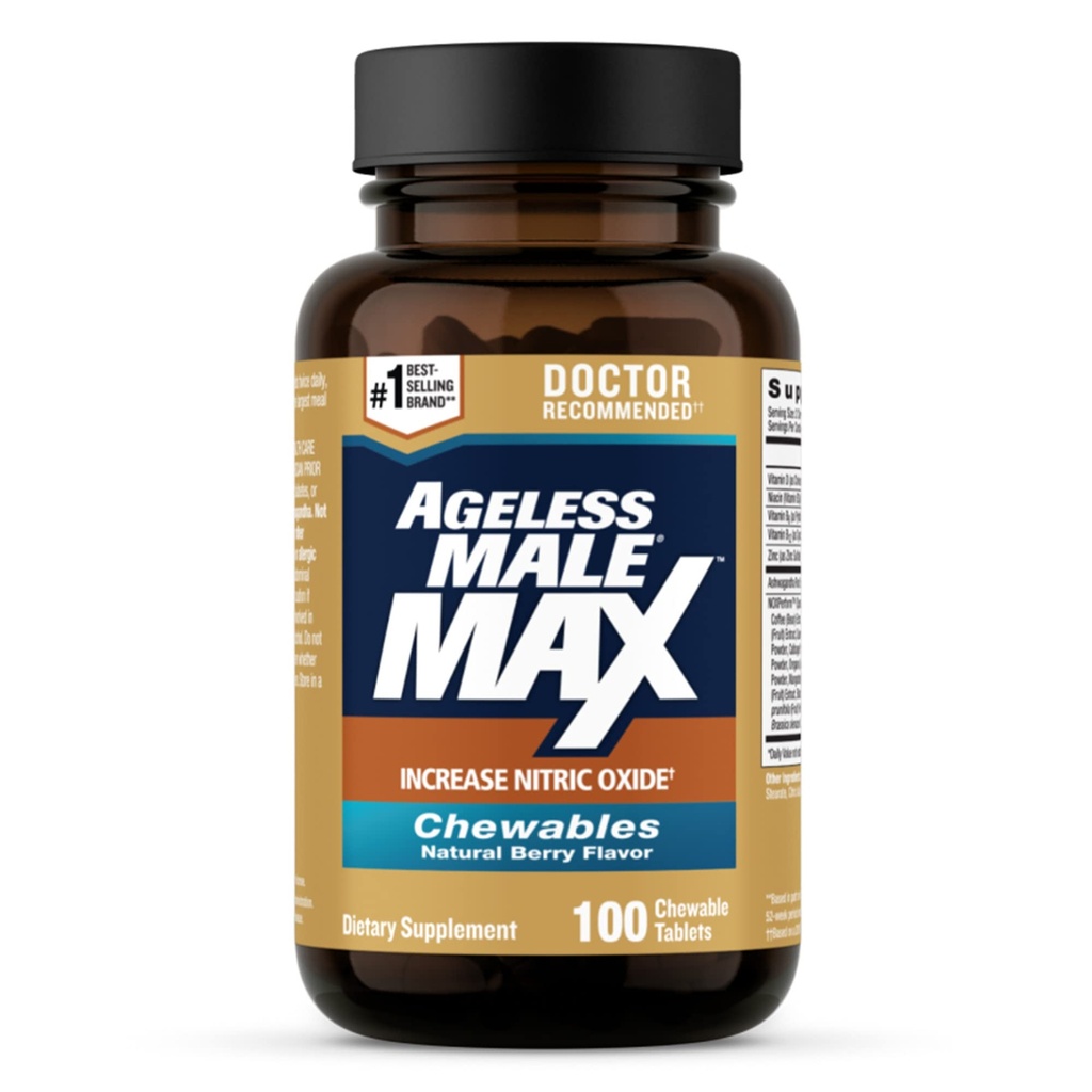 Leeftijdsloze man Max Kauwbare Nitric Oxide Booster Supplement voor mannen Hoge potentie Ashwagandha Extract om workouts, spier & Performance, Verminder stress, Ondersteuning Slaap - 100 Tellen