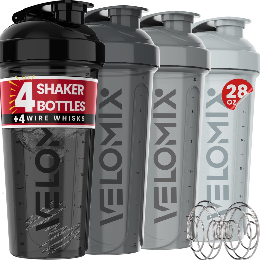VELOMIX -4 Pack- 28 oz Proteïne Shaker Flessen voor Proteïne Mixen - 4x Wire Whisk 