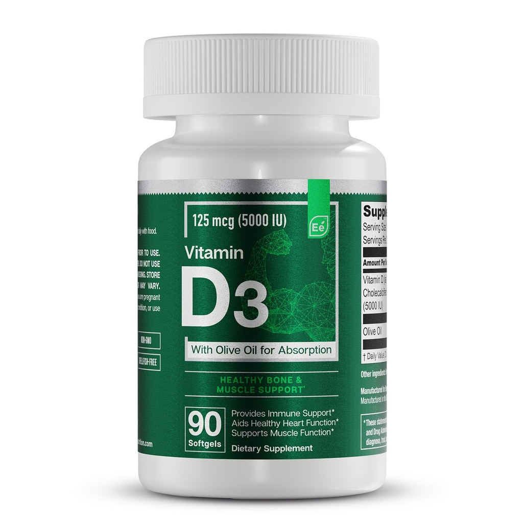Essentiële elementen D3 Vitaminen 5000 IE Softgels met olijfolie voor bot, spier, en immuunondersteuning