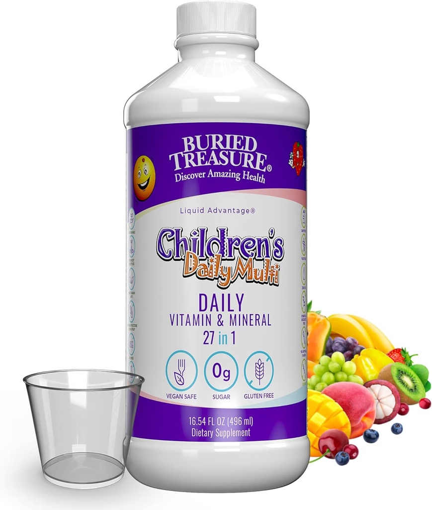 Begraven Treasure Kinderen Dagelijks Multi Liquid Multivitamine & Minerals Nutritional Dietary Vegan Supplement voor kinderen Geen kunstmatige ingrediënten Niet-GMO Natuurlijke Fruit Smaken, 16 oz w/Dose Cup