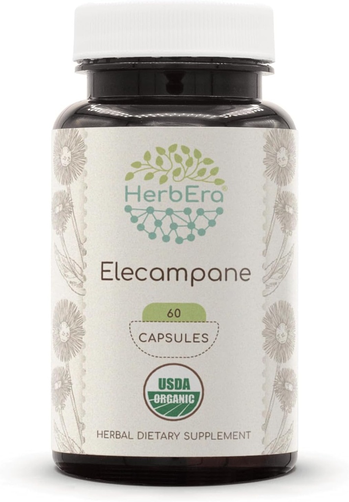 HerbEra Elecampane 60 USDA Biologische Capsules, 500 mg, Gemaakt met Elecampane (Inula Helenium) Gedroogde Wortel (60 capsules)