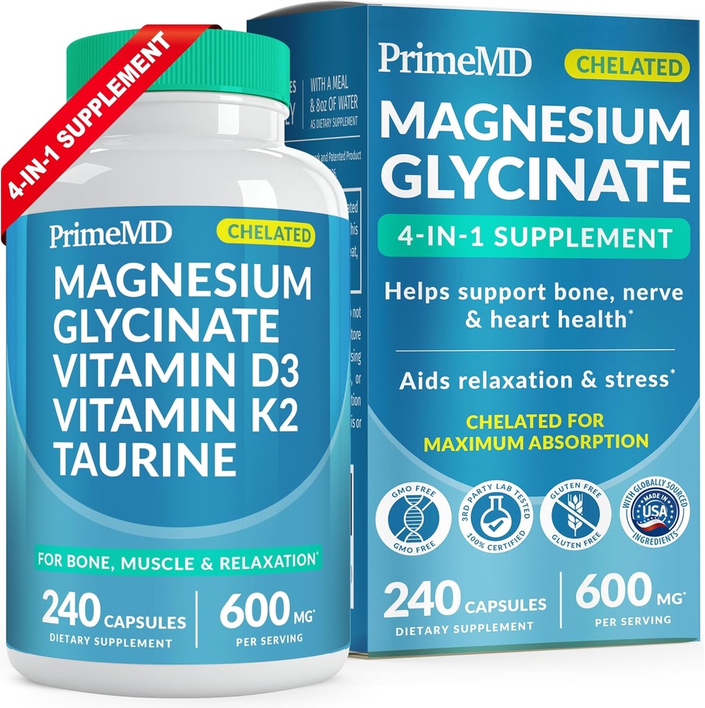 4-in-1 Gecheld Magnesium Glycineer 500 mg met Taurine - Magnesium citraat voor bot, spier en ontspannen - Magnesium Glycinate Capsules met Vitamine D3 K2 - Non-GMO & Glutenvrij (240 ct)