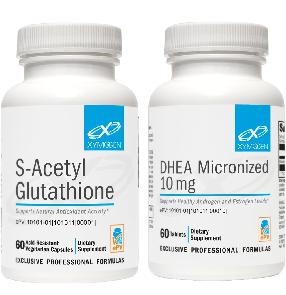 XYMOGEN DHEA 10 mg (60 tabletten) + S Acetylglutathion (60 capsules) 2-Piece bundel - Micronized DHEA + Superior Absorptie Geacetyleerd Glutathion Supplement ter ondersteuning van gezonde veroudering