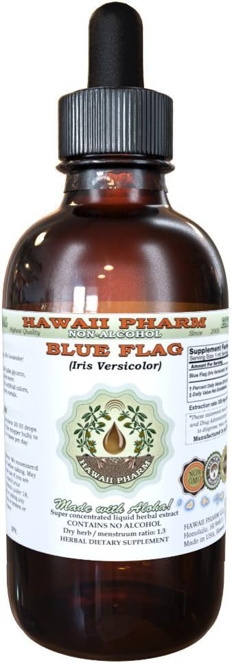 Blue Flag Alcohol-Free Liquid Extract, Organic Blue Flag (Iris versicolor) Dried Root Glycerite Hawaii Pharm Natural Herbal Supplement 2 oz