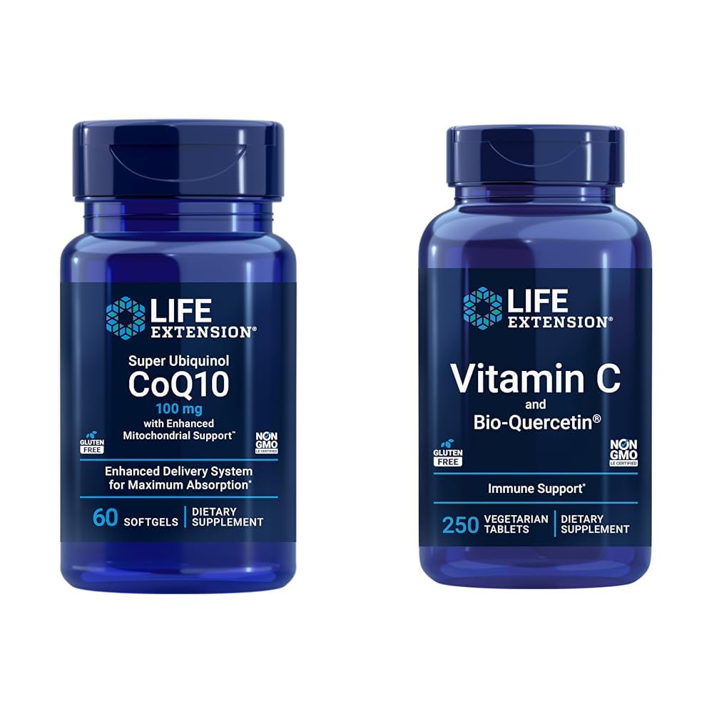 Life Extension Super Ubichinol CoQ10 60 Softgels en vitamine C & Bio-Quercetin Phytosome 250 tabletten Bundel voor hart-, Cellulaire energie, Immuun & algehele gezondheidsondersteuning