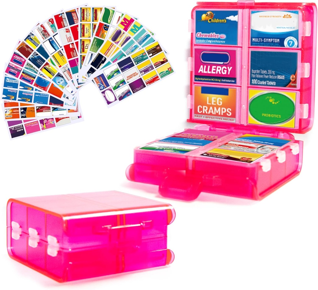 Grote pil Organisator met Medicine Labels, Pill Dispenser 12-Compartiment Travel Medication Storage Case, 7-dagen pil Box voor vitamines en supplementen (Roze, 161 etiketten)