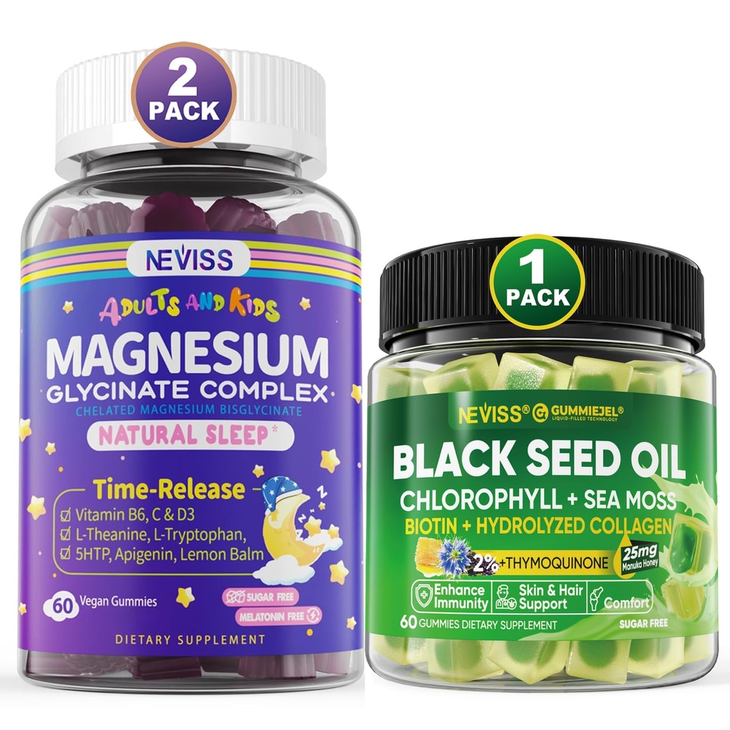 NEVISS Black Seed Oil Gummies, Chlorophyll & Sea Moss Supplement + Magnesium Glycinate Gummies for Adults & Kids 4+