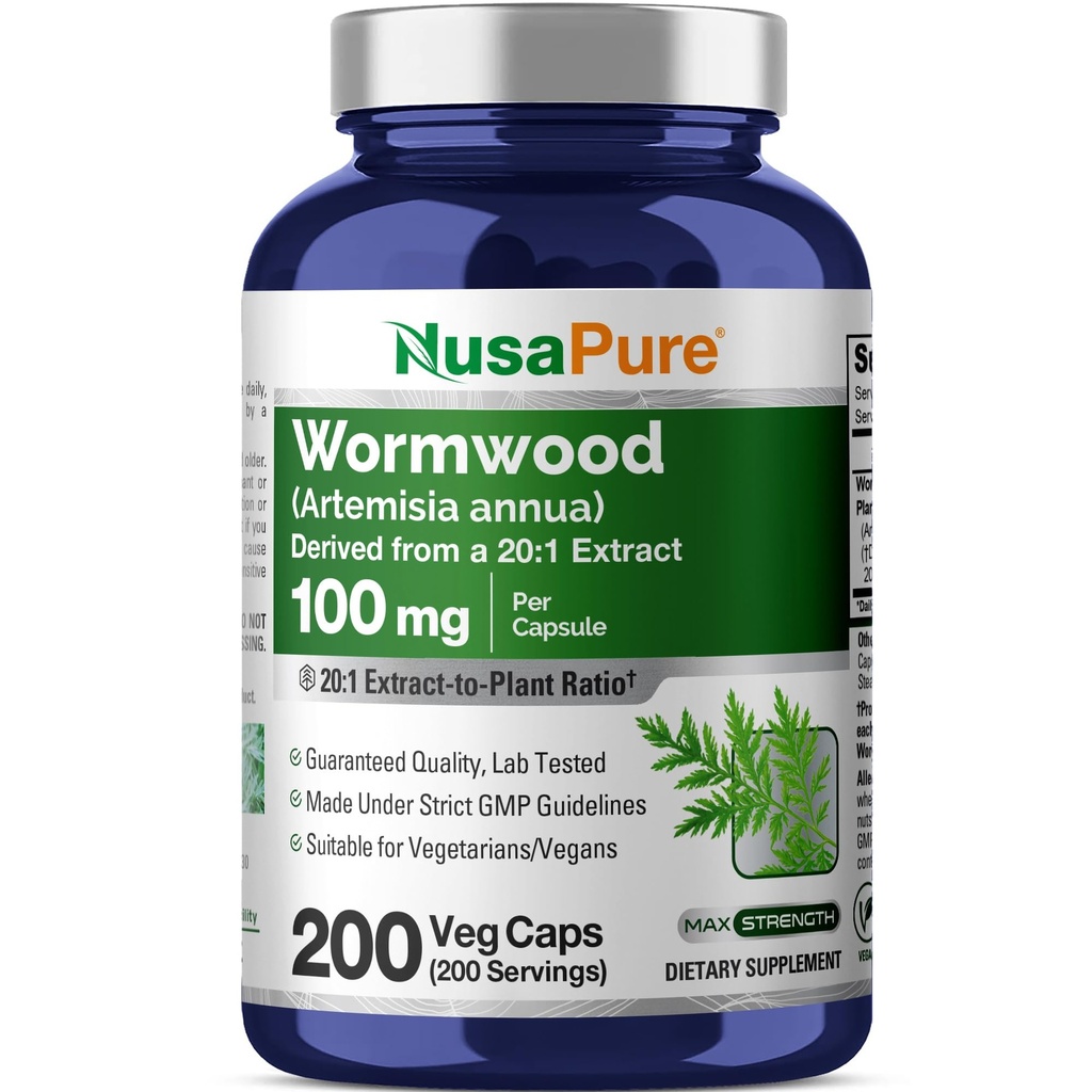 NusaPure Wormwood Capsules, 100 mg, 200 Veg Capsules (Non-GMO, Vegan)