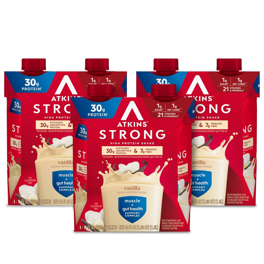 Atkins Strong High Protein Shake, Vanille Smaak, 30g Proteïne, Low Carb en Low Sugar Shake, Keto Vriendelijk, Glutenvrij, Spier en Gut Health Ondersteuning Complex, 12 Tellen