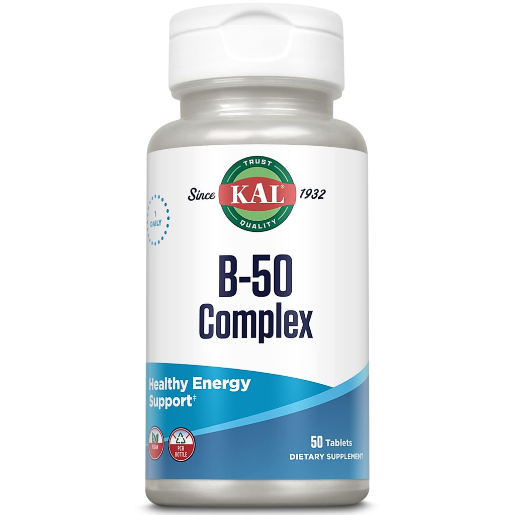 KAL B 50 Complex, B Complex Vitaminen voor Energie, Metabolisme, Red Blood Cell Synthesis en Immune Ondersteuning, met Vitamine B12, B6, Foliumzuur en andere B Vitaminen, Vegan, 50 Servings, 50 Tablets