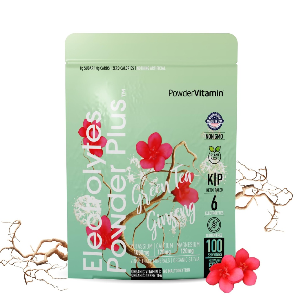 PoederVitamine Elektrolyten Poeder Plus (100 porties) Groene thee Ginseng Electrolyte Poeder Keto, Suikervrij, Roze Himalaya Zout, 1000mg Kalium,150mg Calcium,150mg Magnesium, Hydratatiepoeder