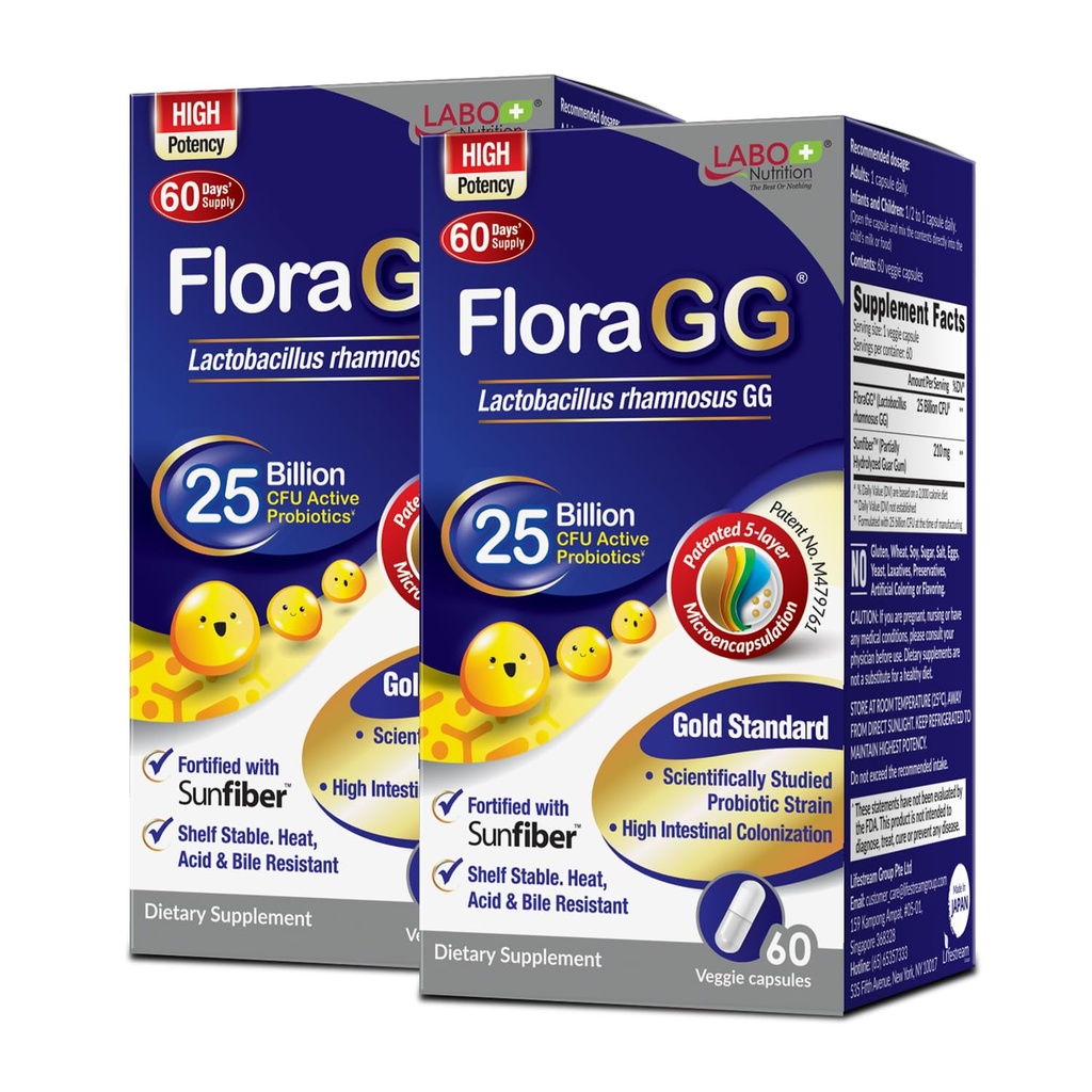 LABO Nutrition FloraGG, Lactobacillus Rhamnosus GG 25 miljard CFU Actieve Probiotica & Sunfiber Prebiotic Fiber Supplement, Ondersteuning Gezonde Intestinale, Immuun Gezondheid Vertraagde Release & Glutenvrij 60sx2