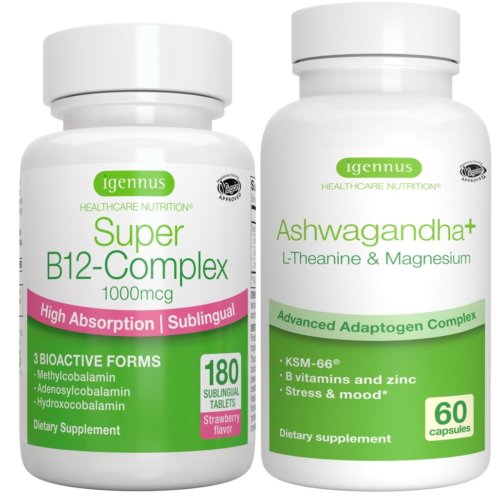 Super B12-Complex 1000mcg + Advanced Ashwagandha KSM-66, L-Theanine & Magnesium Bundle, Hoge Absorptie Sublingual Vitamine B12 + Multi Action Adaptogen Complex, door Igennus