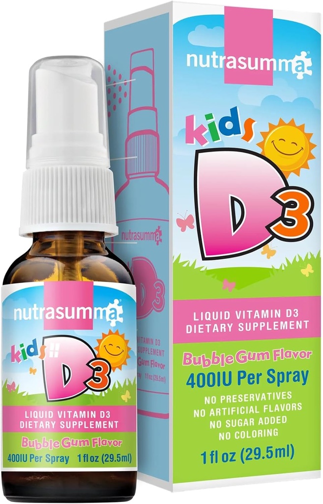 Nutrasumma Kids Vitamine D3 400 IE Spray Bubble Gum Smaak-1oz- Natuurlijk Hoge Absorptiesnelheid Ondersteunt Bone Boosts Immuun Systeem Vitamine Supplement