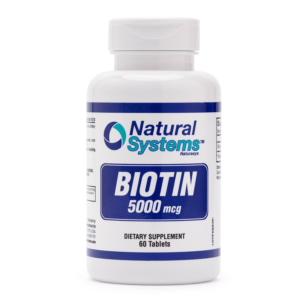 Biotin 60 tabletten 5000 mcg door Natural Systems Biotin Hair Growth Support Pillen Haarhuid Nagels Vitaminen voor mannen en vrouwen Biotin Supplement verbetert de celgroei
