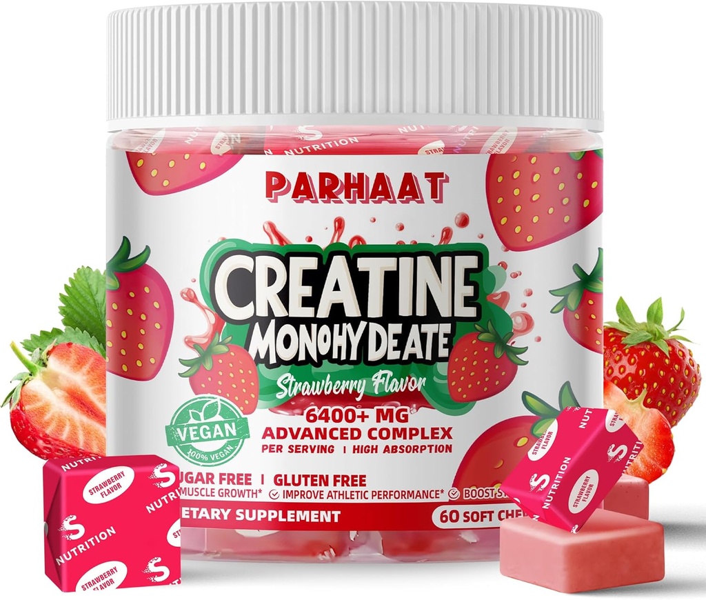 Creatine Monohydraat Kauwen Complex 6400 mg voor mannen en vrouwen -Geavanceerde Formule W/L-Taurine + Vitamine B12, Suikervrije Kauwbare Supplement,60 Aardbei Softtchews