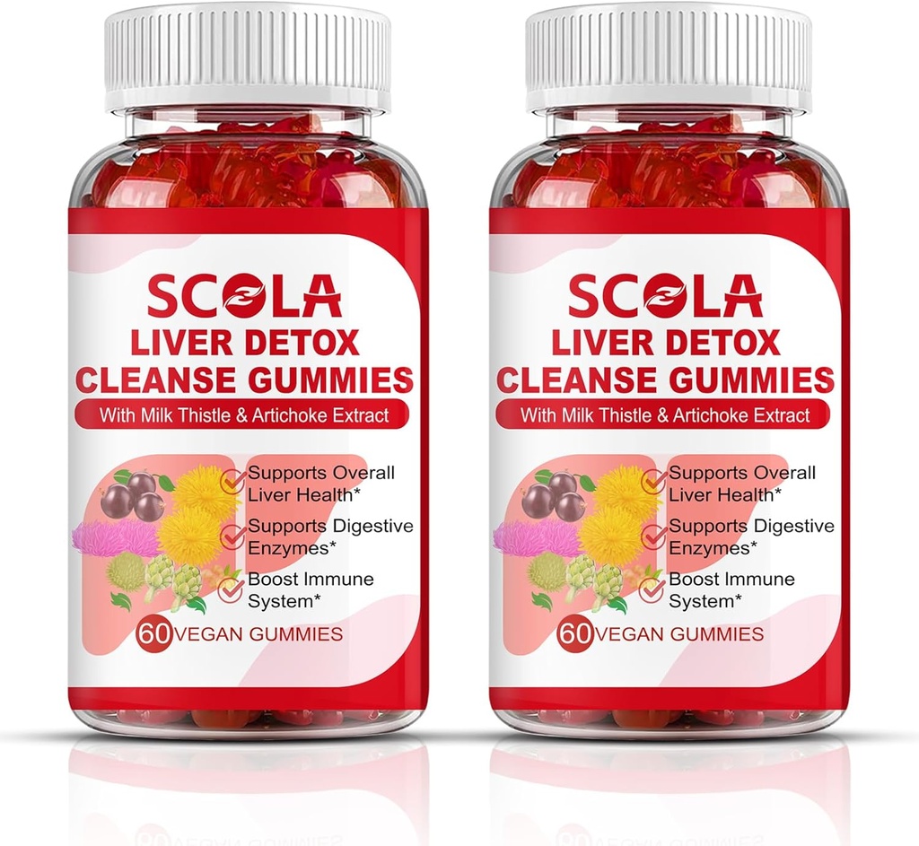 Scola Lever Reiniging Detox & Repair Gummies, Lever Ondersteuning Supplement Inclusief Milk Thistle Extract met Silymarin, Dandelion, Chicory Root, Lever Gezondheid Supplementen, 120 Tellen