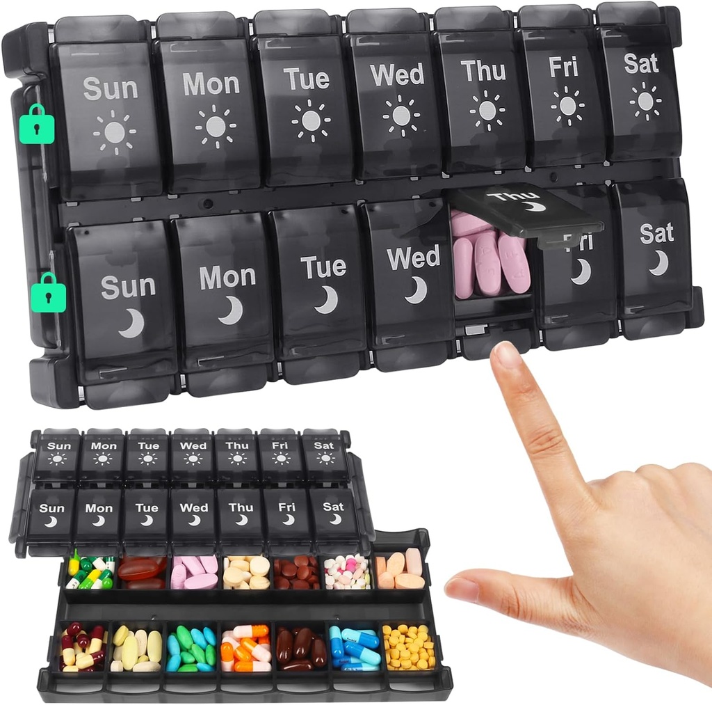 Shintop Weekly Pill Box 2 keer per dag, Easy Fill Medicine Pill Organizer Push Button Pill Case Morning Night Vitamine Organizer voor Visolie Supplementen (zwart)