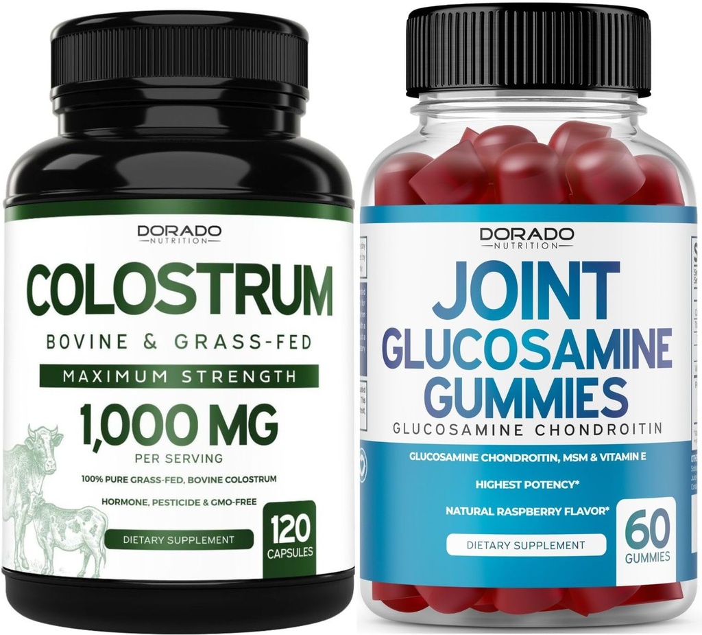 Colostrum (120 Count) Bovine Colostrum Capsules voor volwassenen en Glucosamine Chondroitin (60 Gummies) Gezamenlijke supplementen voor mannen en vrouwen met heerlijke Raspberry Flavor - Vegan Safe & Made in USA