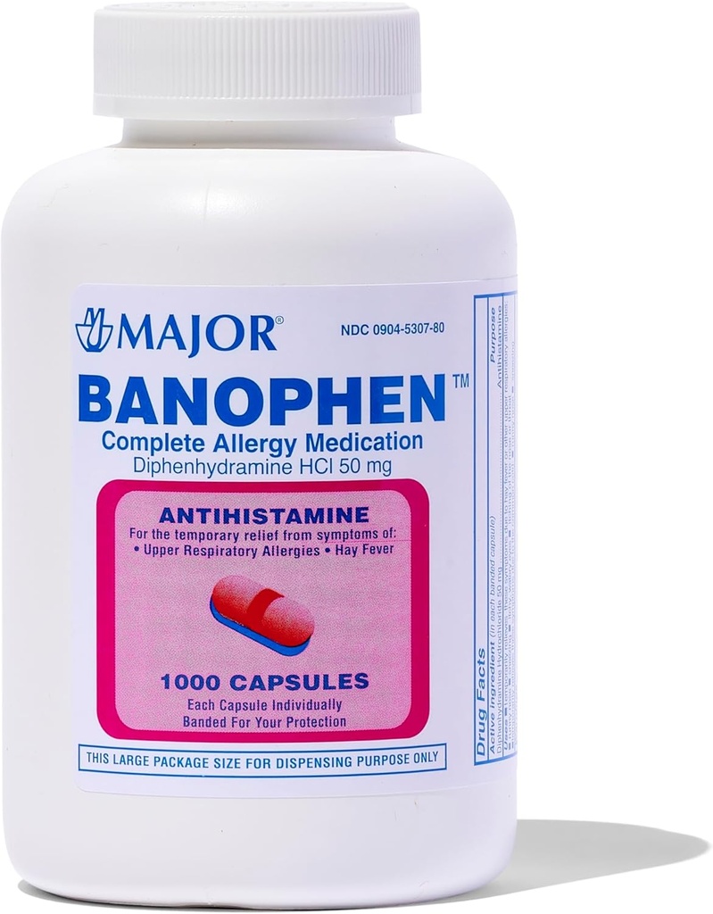 MAJOR Banofen Difenhydramine HCI 50 mg Capsules - Tijdelijke verlichting van de symptomen van Hay Koorts en Bovenste Ademhalingsallergieën - Antihistamine - Allergie Geneeskunde - 1000 Capsules (1-pack)