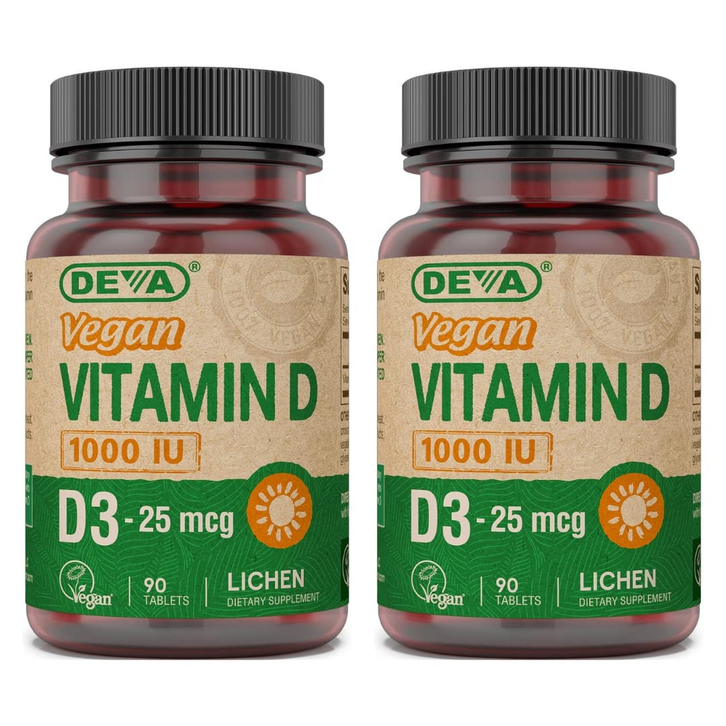 DEVA Vegan Vitamin D3 Supplement - Once-Per-Day Tablet met 1000 IE - Cholecalciferol - Lichen Plant Afgeleid - 90 kleine tabletten, 2-pack