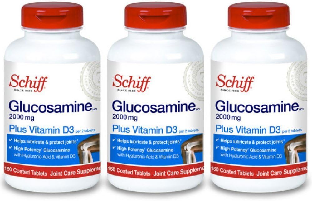 Schiff Glucosamine 2000mg met vitamine D3 en Hyaluronzuur, 150 tabletten - Gezamenlijk supplement (verpakking van 3)