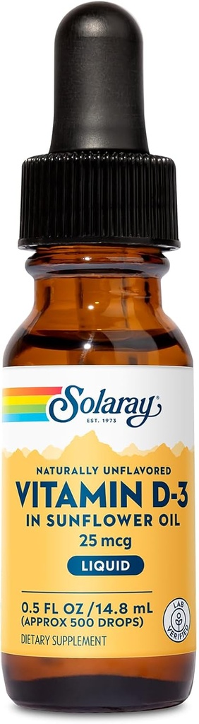 SOLARAY Vitamine D3 Liquid Drops 25 mcg (1000 IE) - Enhanced Absorptie Vitamine D D Drops in Zonnebloemolie voor VIT D3 Ondersteuning - Natuurlijk Unflavored, Dropper Included - Ca. 500 porties, 0,5oz