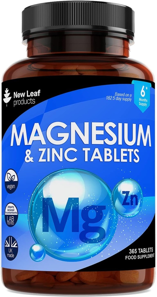 Magnesiumsupplement Magnesium en zinksupplement (6 maanden aanbod) Hoge absorptie Magnesium en zink - Spierbeenderen en gezonde immuunfunctie - Veganistisch, non-GMO, glutenvrij - 365 kleine tabletten