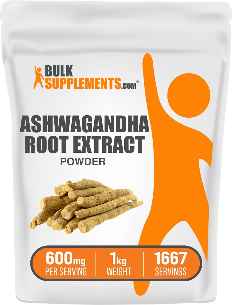 BulkSupplements.com Ashwagandha Root Extract Powder - Ashwagandha Supplement, Herbal Supplement - Vegan & Glutenvrij, 600mg per portie, 1kg (2,2 lbs) (pakket van 1)