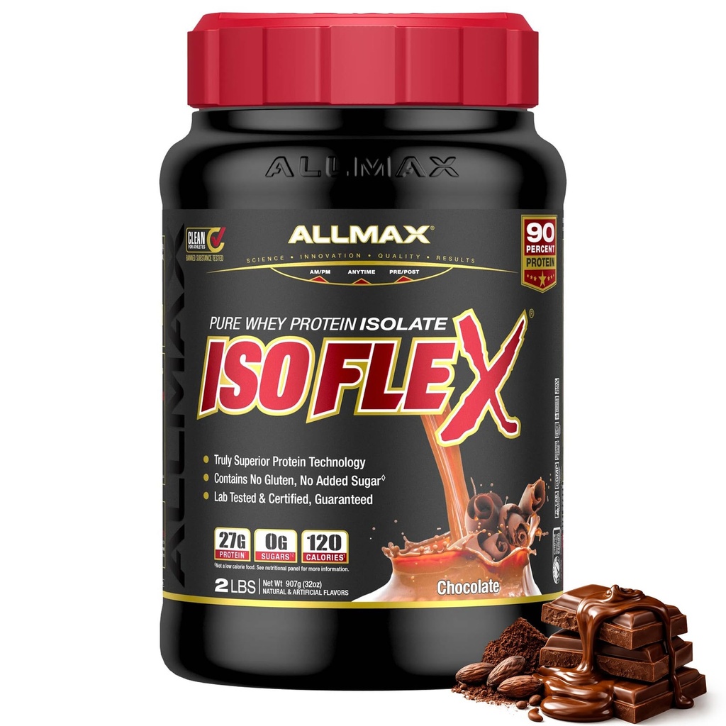 ALLMAX ISOFLEX Wei Proteïne Isolaat, Chocolade - 2 lb - 27 Gram eiwit per scoop - Zero vet en suiker - 99% Lactosevrij - Glutenvrij en sojavrij - ongeveer 30 porties