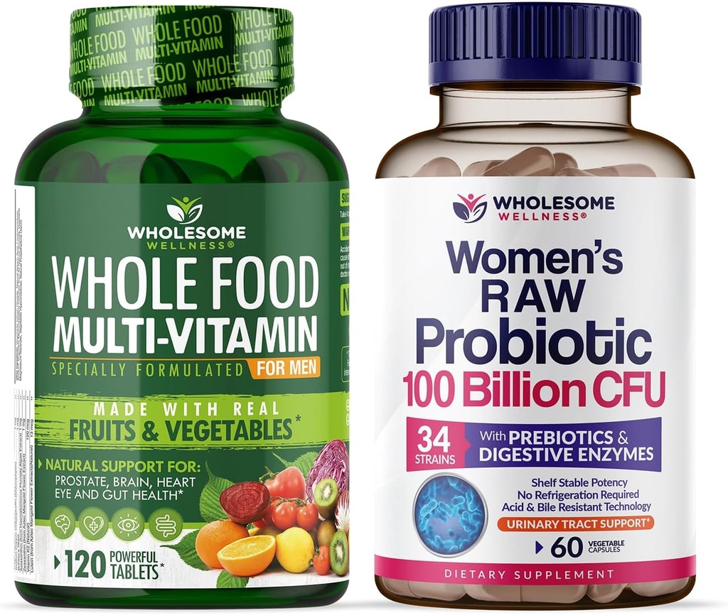 Geheel Wellness Food Multivitamine voor mannen + Dr. Geformuleerde Raw Probiotica voor vrouwen 100 miljard CFU Bundel