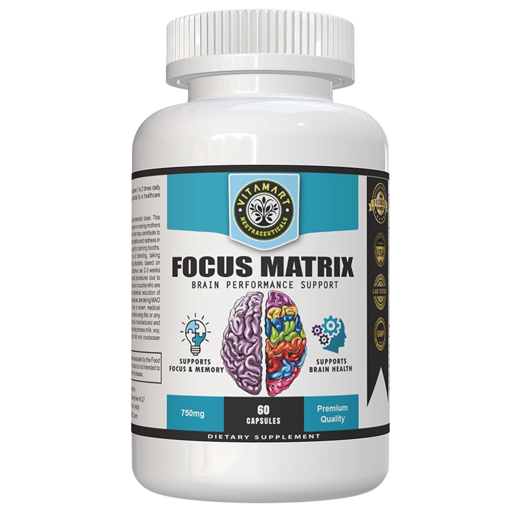 Focus Matrix (1 fles) Brain Health Supplement- voor betere focus, geheugen, aandacht, concentratie, Ginkgo biloba blad, Bacopa Monnieri, Focus Pill