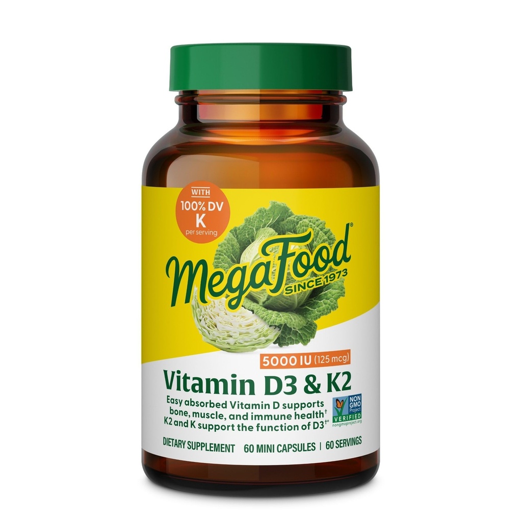 MegaFood Vitamin D3 5000 IU (125 mcg) - Vegetarian Supplements with Vitamin D3 K2 - Supports Bones, Teeth, Muscles & Immune Health - Certified Non-GMO - 60 Mini Capsules, 60 Servings