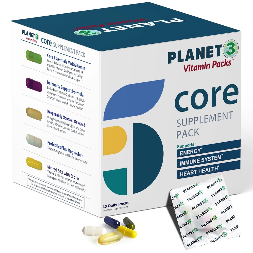 Daily Vitamin Packs for Men & Women – Immune, Energy & Heart Support with Vitamin D3, Omega-3, Probiotics, Methyl B12 & Vitamin C – Multivitamin with Lutein – Planet 3 Vitamin Packs, 30 Packets