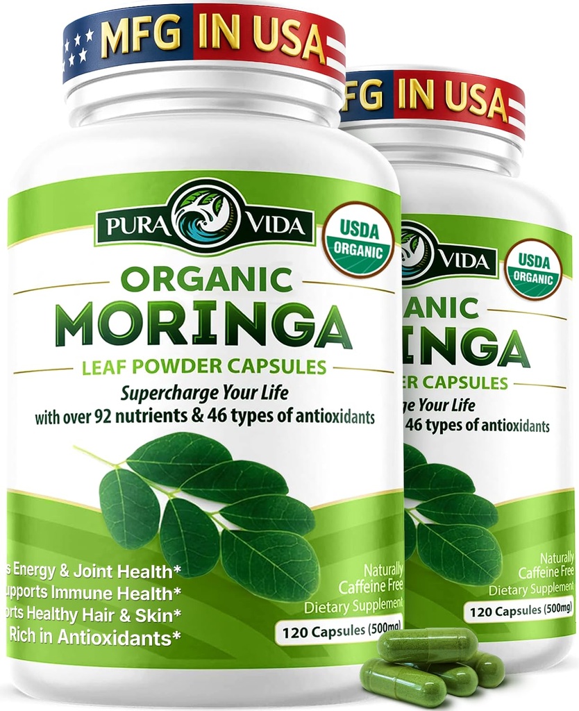 PURA VIDA MORINGA Capsules Single Origin Organic Moringa Powder. Moringa Leaf. Energy, Metabolisme, & Immune Support. 120ct. 500mg Caps. (Pack of 2)