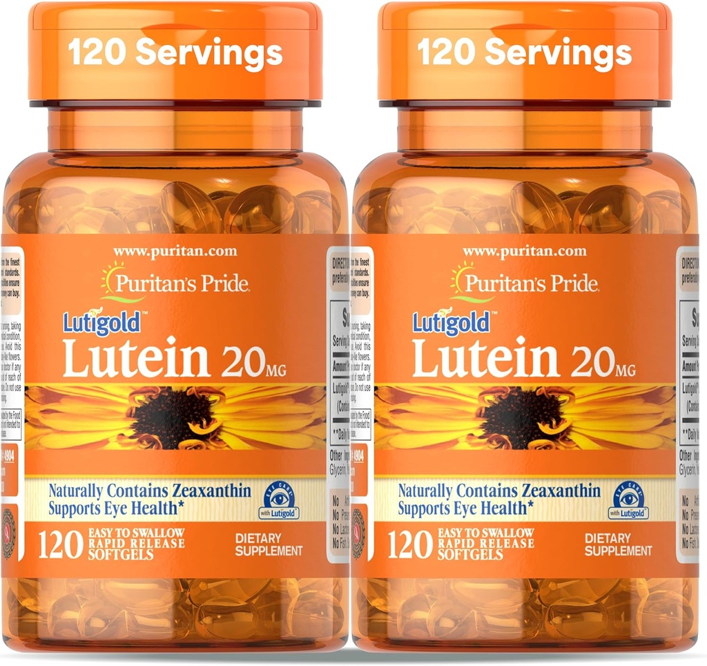 Puritan's Pride Premium Lutigold Lutein Carotenoid 20mg met Zeaxanthine voor mannen en vrouwen, Dieetsupplement voor Eye Health Support, 8 maand supply, 120 Easy-to- Swallow Softgels, 2 Pack