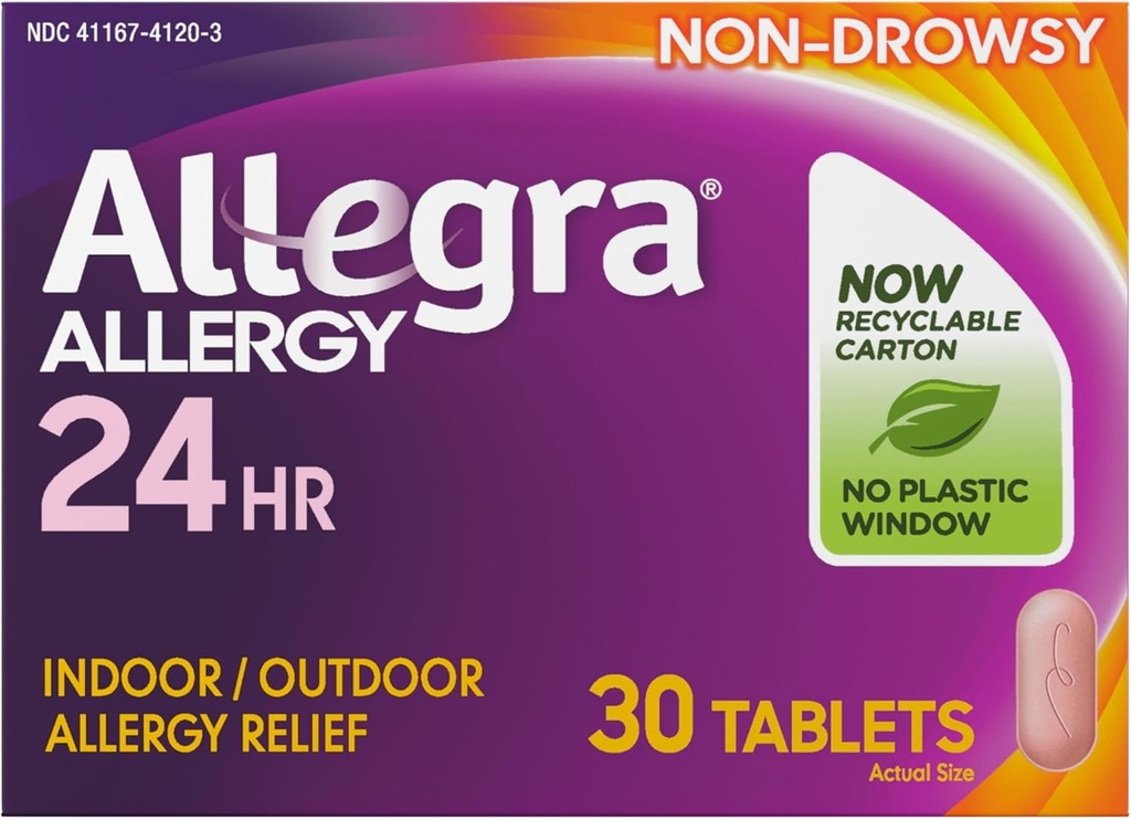 Allegra Adult 24HR Non-Drowsy Antihistamine, 30 tabletten, Snelwerkende Allergie Symptoom Relief, 180 mg