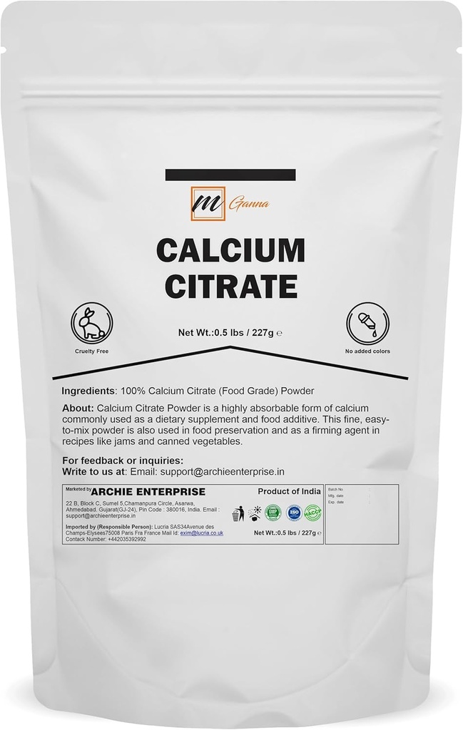100% calciumcitraatpoeder (voedingskwaliteit) Veelzijdig, zeer absorptief Calciumbron 0,5 lbs 227 g