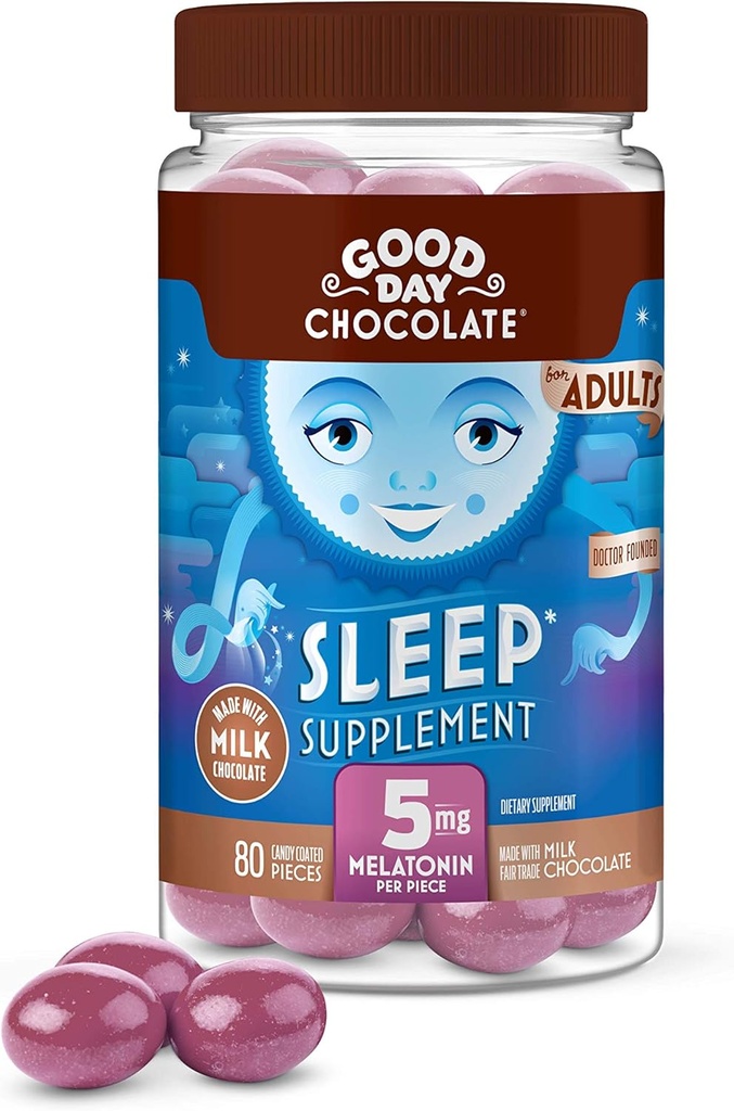 Good Day Chocolate Melatonine voor volwassenen [ 80 Tel ] - Fair Trade Non-GMO Melkchocolade met kamille en Melatonine 5 mg - Volwassen Melatonine, Volwassen Natuurlijke Slaaphulp Supplement