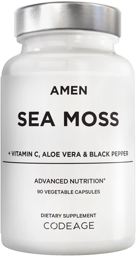 Amen Sea Moss Supplement - 1000mg Biologische Ierse Zee Mos, Bladderwrack, Burdock - Vitamine C, Aloë Vera, Zwarte Peper - Zeewier Superfood, Vitaminen, Mineralen en Antioxidanten - Non-GMO - 90 Capsules