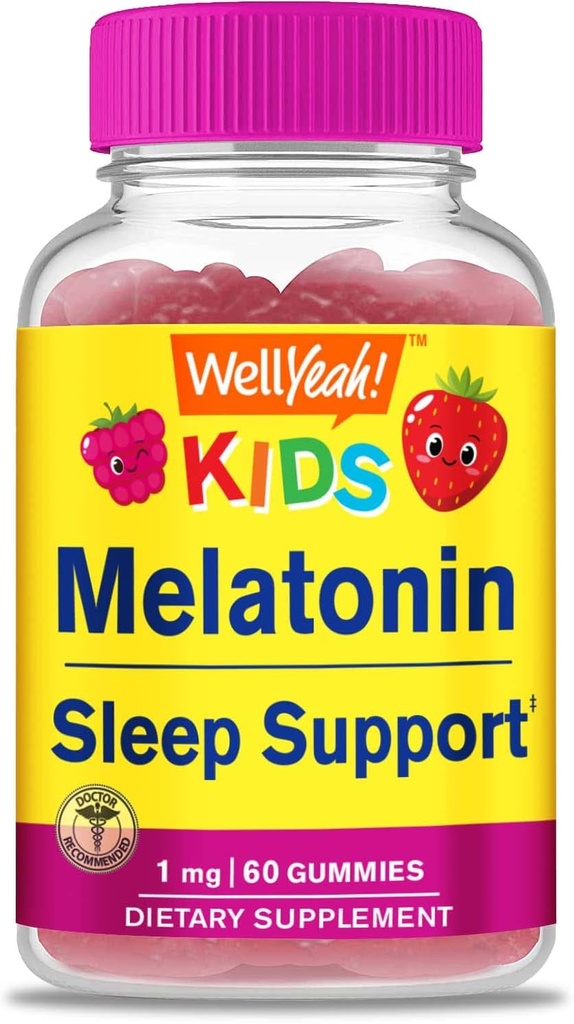 WellYeah Kids Melatonine Gummies 1 mg - Drug-vrije slaaphulp Gummy Supplement, Slaapondersteuning voor kinderen - Glutenvrij, Gelatinevrij, Niet GGO, Vegetarisch - Natuurlijke Sourced Smaak - 60 Gummies