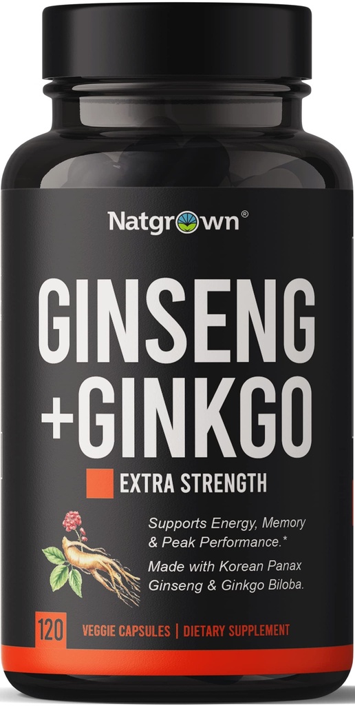 Natgrown Panax Ginseng & Ginkgo Biloba Supplement - Red Korean Ginseng & Ginko Biloba Capsules for Men & Women - Supports Memory Focus & Brain Function - Vegan Pillen - 120 Tel.